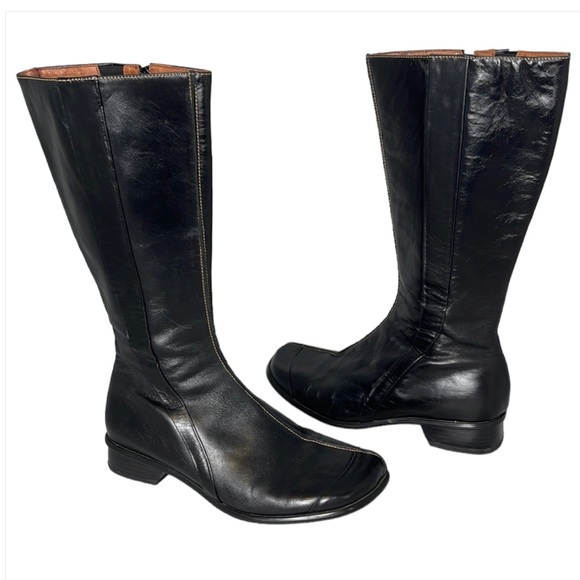 Henry Ferrera Shoes - Henry Ferrera Robin Black Leather Knee High Boots Side Zip Contrast Stitch 9B